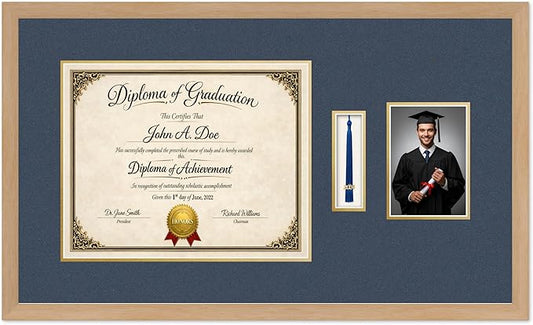 Diploma Tassel and Photo Frame Natural Wood Shadowbox Navy Blue Over Gold Mat - Fits 15 x 12 Degree Picture Made in the USA