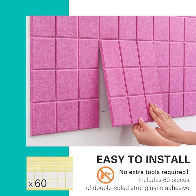 Cork Board for Walls 48" x 36", Bulletin Board for Office Decor, 12 Pack Felt Wall Tiles with Safe Removable Adhesive, Pin Tack Corkboard for Quilting Design & Dart Wall Protector - Dusty Rose
