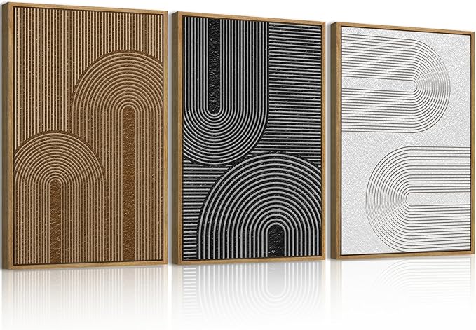 BINCUE Large Neutral Wall Art Framed,Dark Modern Abstract Canvas Wall Decor Boho,Minimalist Artwork Mid Century,Black Brown Geometric Painting for Home Living Room Bedroom Hallway 16''x24'' Set of 3