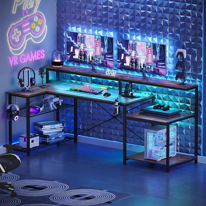 Bestier 71.5 inch Computer Desk with Power Outlets, L Shaped LED Home Office Desk with Long Monitor Stand, Large Corner Desk with Storage Shelf, Cup Holder & Headset Hooks, Modern Simple Table