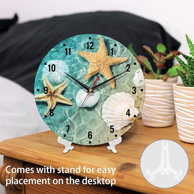 SPUNKER Wall Clock,Beach Seashell Starfish Kitchen Wall Clock,Coastal Clocks 10 Inch Silent Non-Ticking Wall Battery Operated for Living Room Bedroom Bathroom Laundry Room Decor