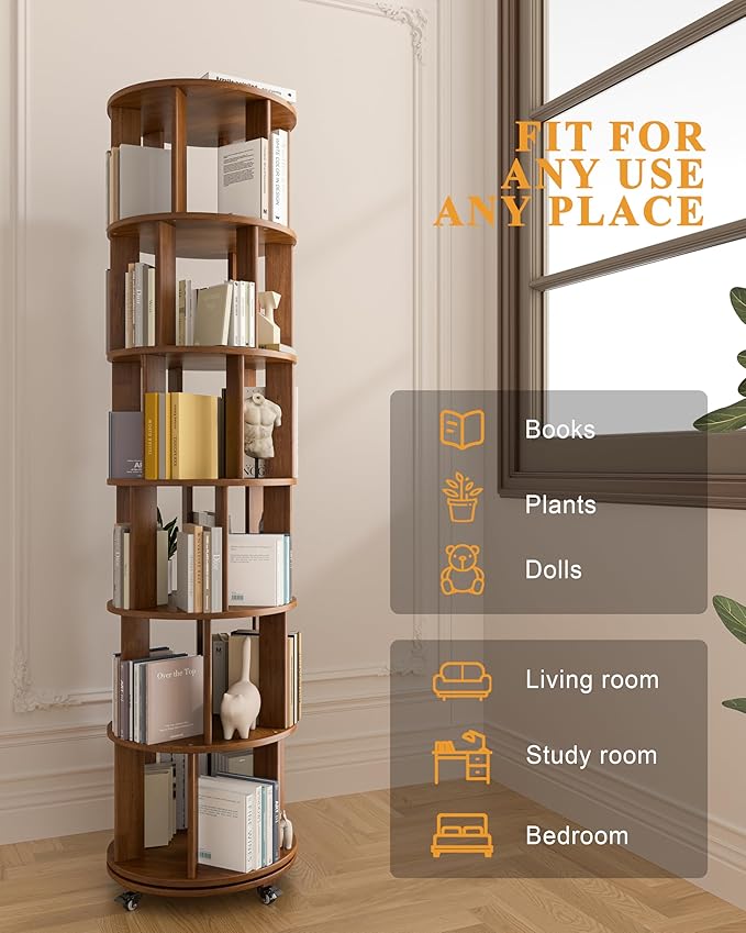 Rotating Bookshelf, 6 Tier Solid Wood Bookshelf Tower with Lockable Wheels, 360° Spinning Revolving Bookcase for Small Spaces, Corners, Bedroom, Kids Room, Home Office, Walnut