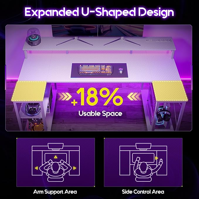 ODK 48 Inch Gaming Desk with LED Lights and Power Outlet, U-Shaped Computer Desk with Monitor Stand and Storage Shelves, PC Gamer Table for Home Office, Carbon Fiber White