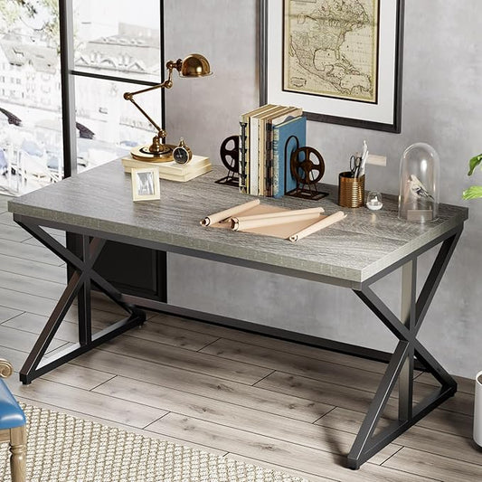 IBF 60” Grey Computer Office Desk, Modern Large Gray Office Desk for Home, Industrial Long Wood Metal Pc Work Writing Desks, Farmhouse Simple Study Executive Computer Table with Storage, Light Grey