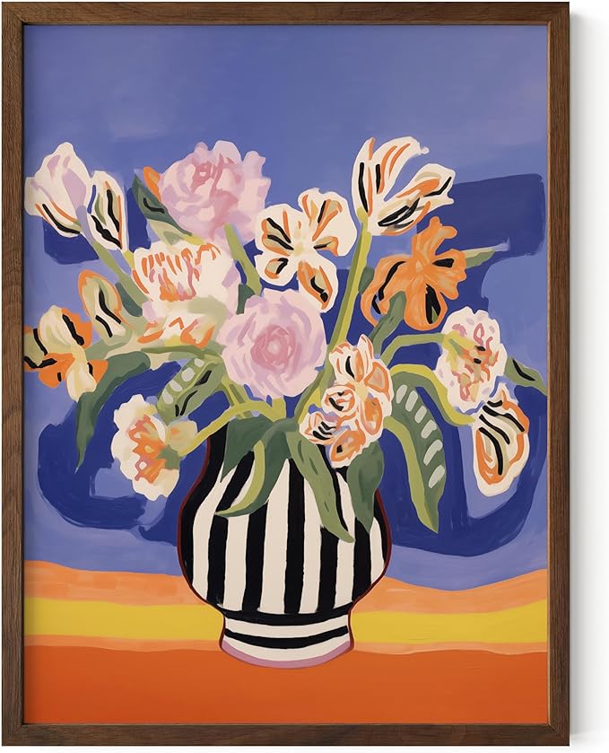 HAUS AND HUES Floral Art Wall Decor - Wildflowers Wall Art for Living Room, Floral Artwork for Bedroom Walls, Flower Painting for College Girls Dorm Room (Striped Vase, Walnut Frame, 12x16)