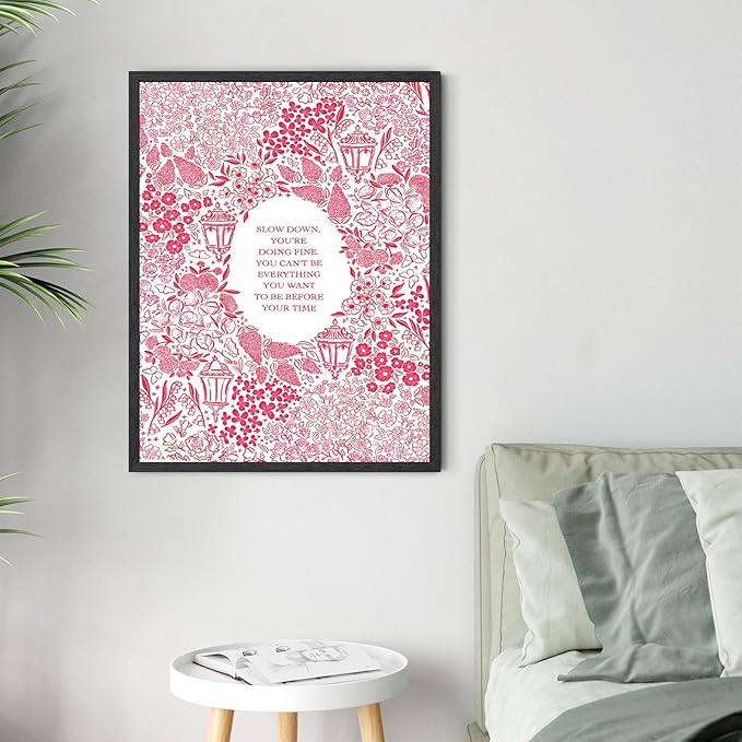 Slow Down You're Doing Fine Music Posters Motivational Quote Pink Wall Art Vintage Floral Positive Daily Reminder Song Lyrics Canvas Print Aesthetic Office Home Decor 16x24inch Black Framed