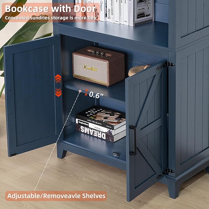 70in Tall Bookshelf 5 Tier Bookcase with Barn Doors and Adjustable Shelves, Blue Farmhouse Book Shelf with Storage Cabinet, Wood Freestanding Display Bookshelves for Bedroom, Living Room | Bookcase, Barn Doors, Adjustable Shelves, Book Shelf, Storage C...