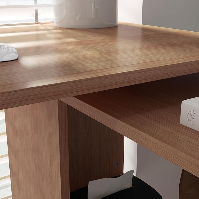 HOMCOM L Shaped Desk, Corner Computer Desk, 360 Degree Rotating Home Office Desk with Storage Shelves, Writing Table Workstation, Teak