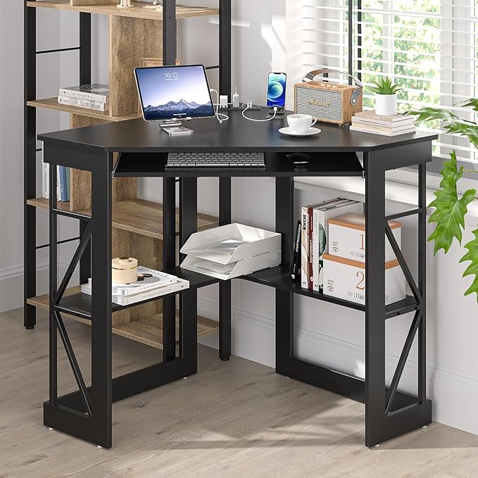 VECELO Corner Computer Desk 41x30 inches with Charging Station & Keyboard & Storage Shelves for Small Space,Triangle Table for Home Office Bedroom,Black