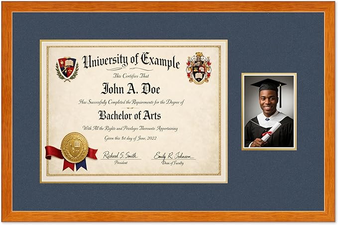 CountryArtHouse Fits 17 x 13 International Diploma and 5 x 7 Photo Diploma and Photo Frame Honey Oak Genuine Hardwood with Navy Blue Over Metallic Gold Double mat