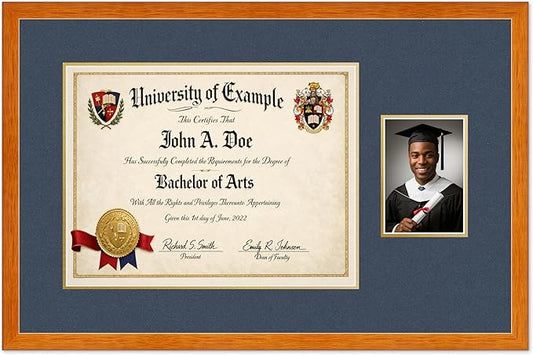 CountryArtHouse Fits 17 x 13 International Diploma and 5 x 7 Photo Diploma and Photo Frame Honey Oak Genuine Hardwood with Navy Blue Over Metallic Gold Double mat