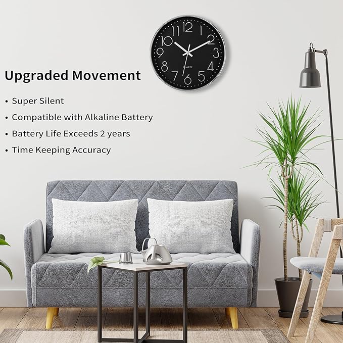 Foxtop Silver Wall Clock Silent Non-Ticking Battery Operated Round Modern Wall Clock for Office School Home Living Room Bedroom Bathroom Kitchen Decor (12 Inch, Black Dial)