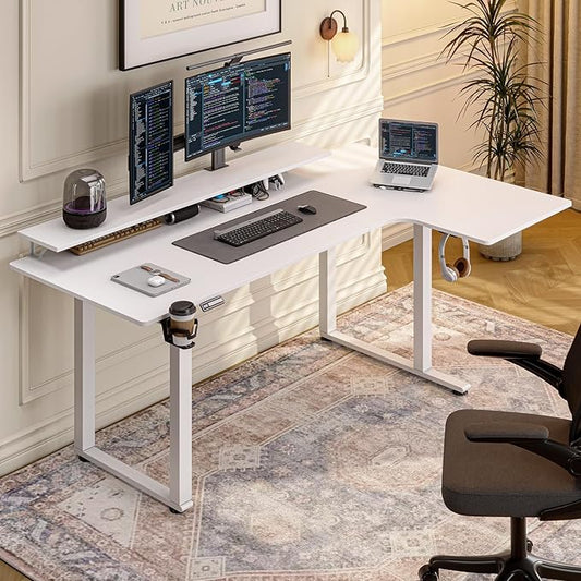 L Shaped Electric Standing Desk, 63x43'' Computer Desks with 2 Monitor Shelves, Dual Motor and Memory Controller, Gaming Corner Desk Adjustable Height from 28-46'' for Home Office Workstation, White