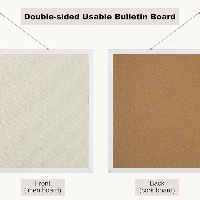 Cork Board with Linen, 24" x 18" Double-Sided Bulletin Board Corkboard for Wall Picture Display Framed Vision Boards for Home Office School Pin Boards with 20 Pushpins &10 Clips