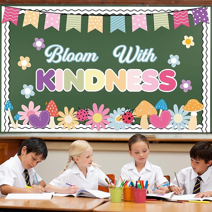 Spring Kindness Bulletin Board Set Bloom with Kindness Classroom Decoration Colorful Flowers Paper Cutouts Borders Back to School Bulletin Board Classroom Wall Chalkboard Spring Party Supplies Decor