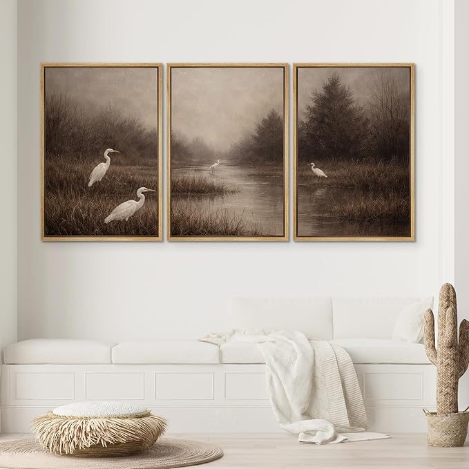 SIGNWIN Framed Canvas Print Wall Art Set Misty Marsh Herons Illustrations Decorative Relax/Calm Zen for Living Room, Bedroom, Office - 16"x24"x3 NATURAL