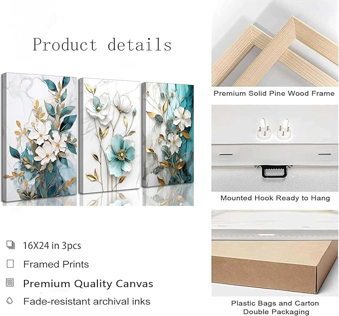 3Pcs White Gold Flower Canvas Wall Art Modern Luxury Blue White Gold Abstract Marble Floral Botanical Painting Picture Wall Decor Poster Print Artwork for Living Room Bedroom Home Decoration