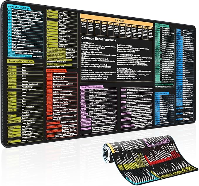 Waterproof Desk mat—Excel Cheat Sheet Desk pad—Contains 7 Common Office Software Shortcuts Such as Excel, Word, Chat GPT,etc—Large XL Gaming Mousepad|Office Keyboard pad|Excel Shortcuts Computer mat