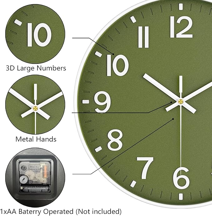 Wall Clocks Battery Operated, 12 Inch Non Ticking Wall Clock, Silent Analog Clock for Bedroom Living Room Kitchen Office Gym Classroom Decor, Large Number Clocks for Seniors, Olive Green
