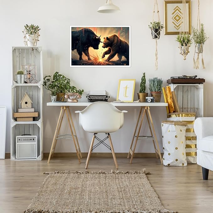 Trendy Bull And Bear Confrontation Wall Art Funny Bull And Bear Stock Market Canvas Posters Funny Animal Prints Painting For Office Living Room Wall Decor 24x36in Unframed
