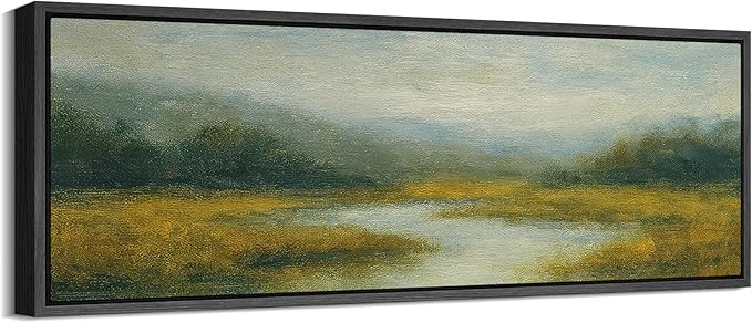 SIGNFORD Large Framed Canvas Misty Meadow River Landscape Illustrations Modern Art Calm Warm for Living Room, Bedroom, Office - 60"x20"