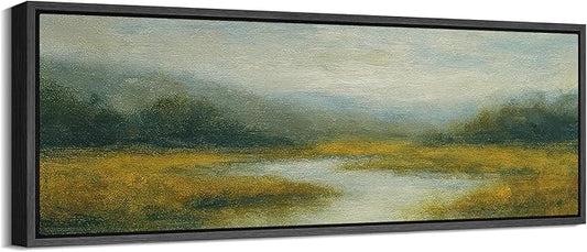 SIGNFORD Large Framed Canvas Misty Meadow River Landscape Illustrations Modern Art Calm Warm for Living Room, Bedroom, Office - 60"x20"