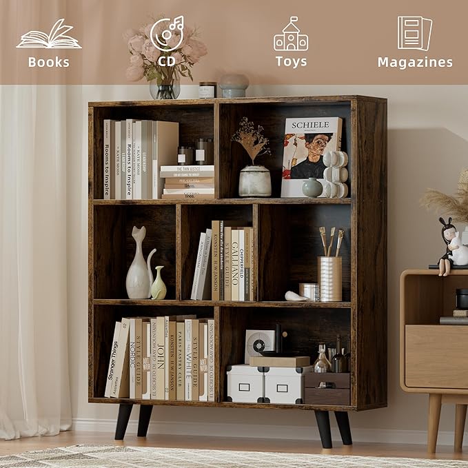 JAMFLY Bookshelf, 3 Tier Book Shelf with Legs, Modern Small Bookcase Storage Organizer Book Shelves for Bedroom, Living Room, Office, Brown