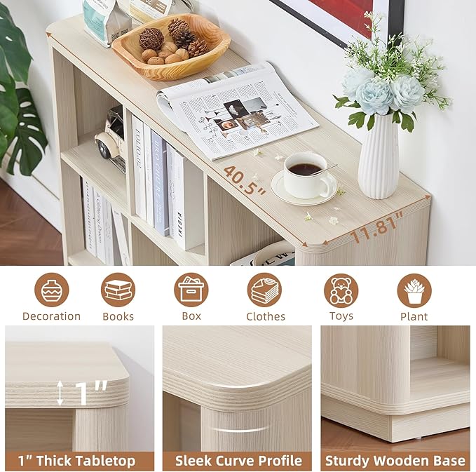 9 Cube Storage Book Shelf, 41" Tall Organizer Bookcase with Curved Edge, Wood Floor Standing 3-Tier Cubby Bookshelf with Base, Vintage Display Book Case for Bedroom,Office,White-Grey Cream Oak