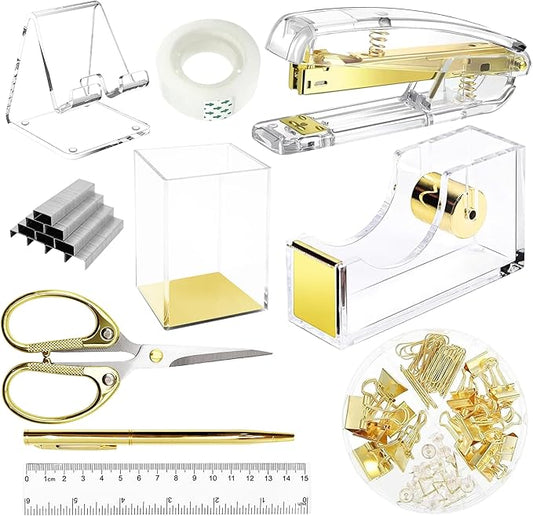 DRQ Gold Desk Accessories, Office Supplies Acrylic Stapler Set, 10Pcs Set for Office with Stapler, Tape Dispenser, Pens, Pen Holder, Phone Holder, Tape, Ruler, 1 Box Staple, Scissors and 1 Box of Clip