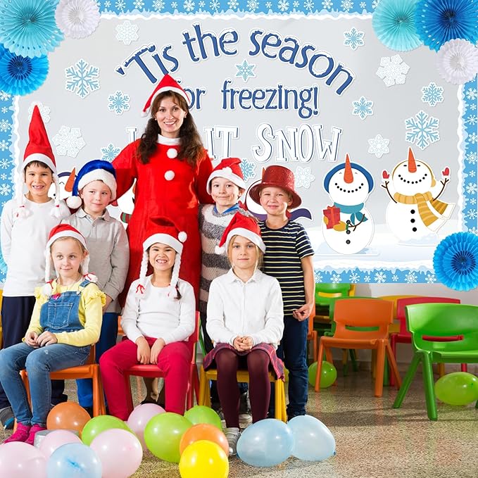Winter Bulletin Board Set Let It Snow Wonderland Classroom Decorations Snowman Snowflake Paper Cutouts with Paper Fans for Winter Holiday School Classroom Home Wall Decor