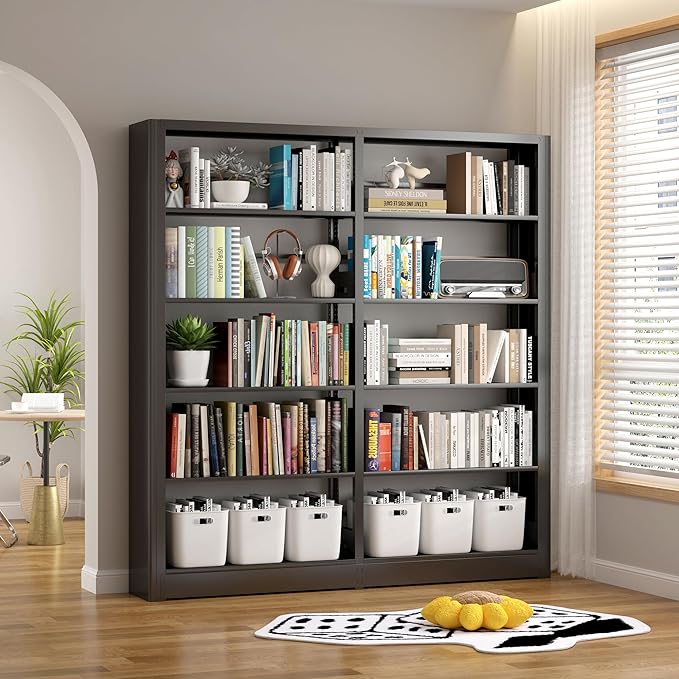5-Tier Industrial Bookshelf, Black Bookcases and Bookshelves,Tall Metal Bookshelf Storage Organizer,Freestanding Book Shelf for Living Room,Home Office (Black, Shelf-2)