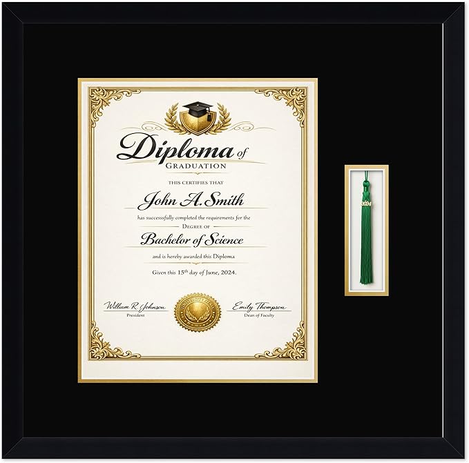 CountryArtHouse Diploma and Tassel Frame Fits 11 x 14 College Diploma (Portrait) with Tassel Hoo Matte Black Genuine Hardwood Shadowbox with Black Over Metallic Gold Double mat