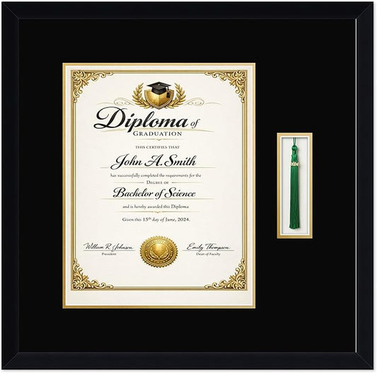 CountryArtHouse Diploma and Tassel Frame Fits 11 x 14 College Diploma (Portrait) with Tassel Hoo Matte Black Genuine Hardwood Shadowbox with Black Over Metallic Gold Double mat