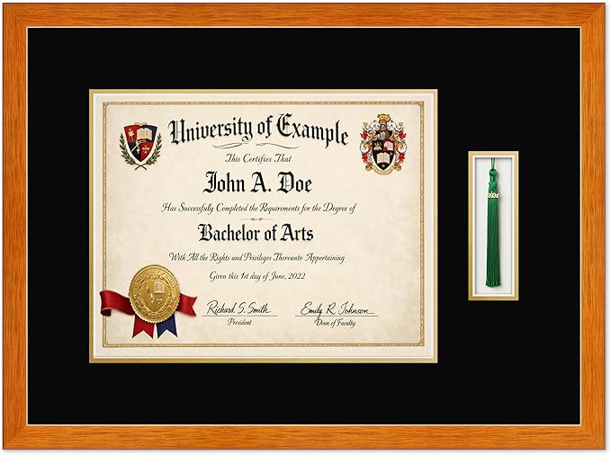 CountryArtHouse Diploma and Tassel Frame Fits 14 x 11 College Diploma (Modern) with Tassel Hook Honey Oak Genuine Hardwood Shadowbox with Black Over Metallic Gold Double mat