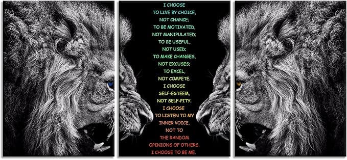 Inspirational I Choose Poster Motivational 3 Pieces Lion Wall Art for Office Inspirational Canvas Painting Prints Wall Pictures for Living Room Home Decor Framed Artwork [60''Wx 28''H]