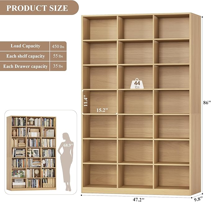 HOSTACK 86" H Triple Wide Bookshelf and Bookcase, 7 Tier Tall Bookshelf with Storage, Large Bookcase with 21 Open Display Storage Shelves, Book Shelf Media CD DVD Storage for Living Room, Light Wood