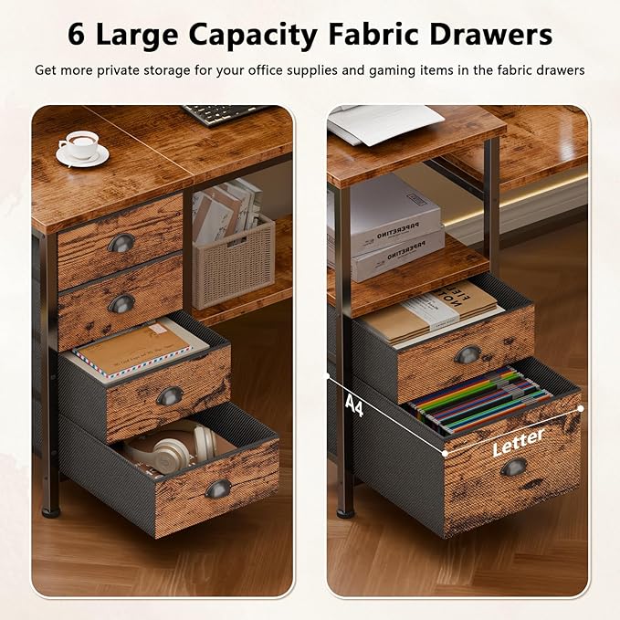 Furologee 95" Two Person Computer Gaming Desk, Long 2 Person Home Office Desk with 6 Drawers & Storage Shelves, Double Table with Power Outlets, LED Lights and Full Monitor Shelf, Rustic Brown