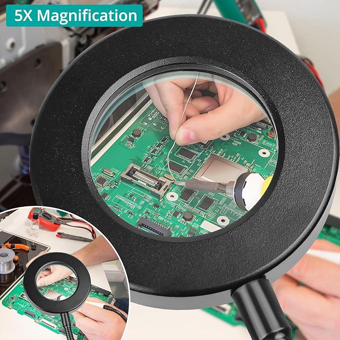 5X Magnifying Glass Desk Clip Lamp, 10 Brightness, 3 Color Modes, 5V/2A Adapter Included – Clamp Light for Reading, Crafting, Close Work (Black)
