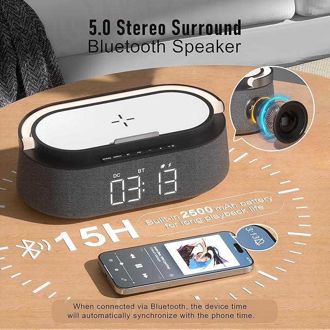 FREEFISH 6 in 1 Bluetooth Speaker with Fast Wireless Charger,FM Radio,Touch LED Night Light,Phone Holder,Snooze,Portable Wireless Speaker for Bedrooms Office Home,Gifts (Black)