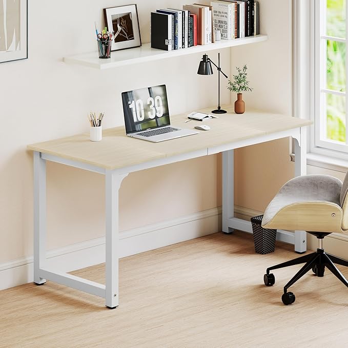 NSdirect Large Office Desk for Home Office, Large 63" Computer Desk Table, Wide Writing Study Desk for 2 Person, Metal Sturdy Frame Thicker Steel Legs, (White Oak, 63"L x 23.6"W x 29.5"H)