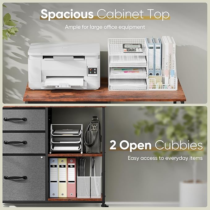 JungleA 3 Drawer Mobile File Cabinet, with 3 Fabric Drawers and 2 Shelves, Mobile Storage Organizer Cart for Office, Study Room, Library, Dark Gray