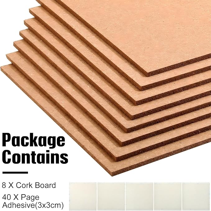 Crtiin 8 Pcs Square Cork Board Tiles 12"x12" 1/4" Thick Bulletin Boards Natural Cork Sheets with Self Adhesive Backing Brown Corkboards for Wall School Office Home DIY Supplies