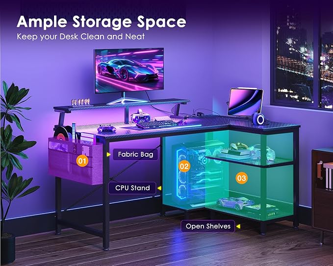 ODK 40 Inch Gaming Desk with USB Power Outlets and LED Lights, Reversible L Shaped Computer Desk with Storage Shelves & Monitor Stand, Corner Home Office Desk Table, Carbon Fiber Surface, Black