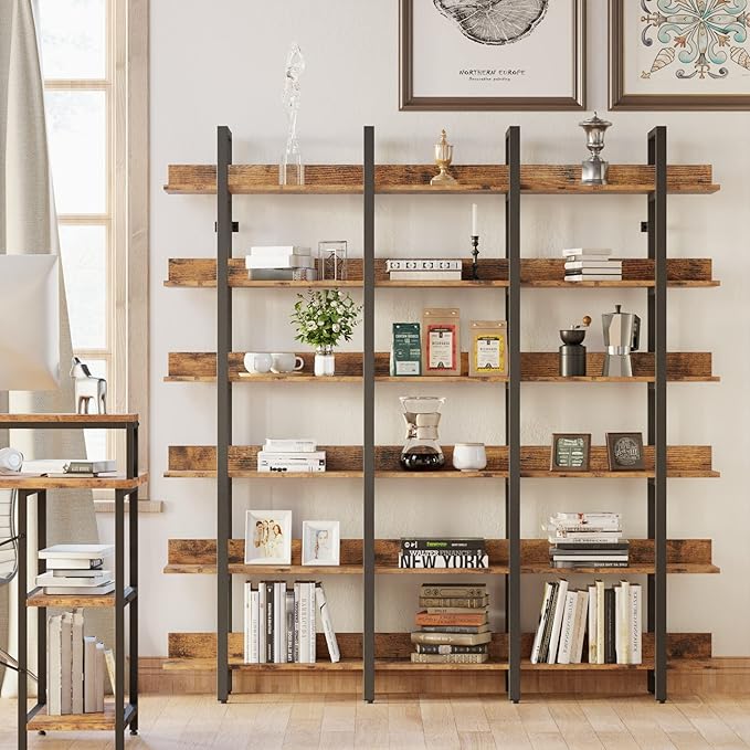IRONCK Bookcase and Bookshelves Triple Wide 6 Tiers Large Open Shelves, Etagere Bookcases with Back Fence for Home Office Decor, Easy Assembly, Vintage Brown