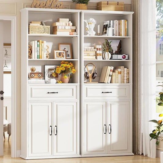 Cyclysio 80" Tall Bookcase Set of 2, Farmhouse 2 Set Bookshelves with Drawer and Doors, Floor Standing 6 Shelf Display Storage Cabinet for Home Office, Living Room (2, Antique White)