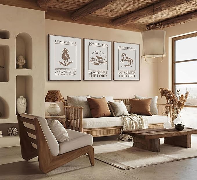 XXOUYLQ 3pcs Western Christian Wall Art Inspirational Scriptures Painting Cowboy Christian Posters Motivational Faith Prints War Horse Bible Pictures Golden Sand Canvas Jesus Wall Decor unframe