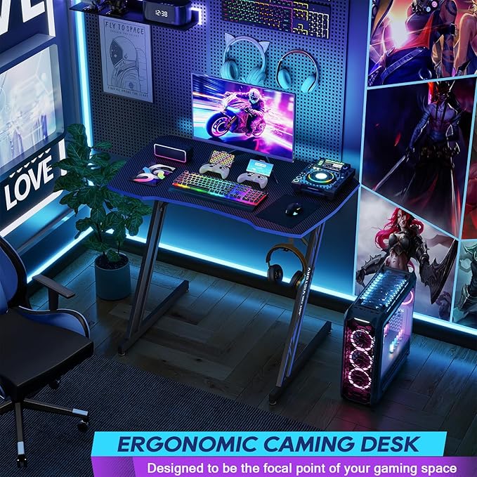 BestOffice Gmaing Desk 35 in PC Computer Desk Z Shaped Gaming Workstation Ergonomic Gaming Table with Headphone Hook for Home Office,Black&Blue