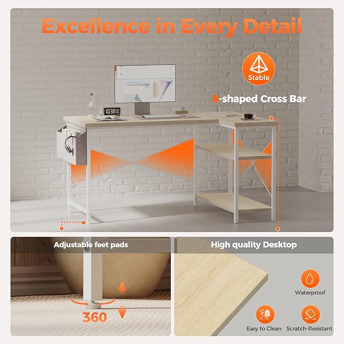 Mericonia Small L Shaped Computer Desk with Power Outlets, Reversible Gaming Desk with Storage Shelves, Corner Gamer Desk Table, Study Writing Table