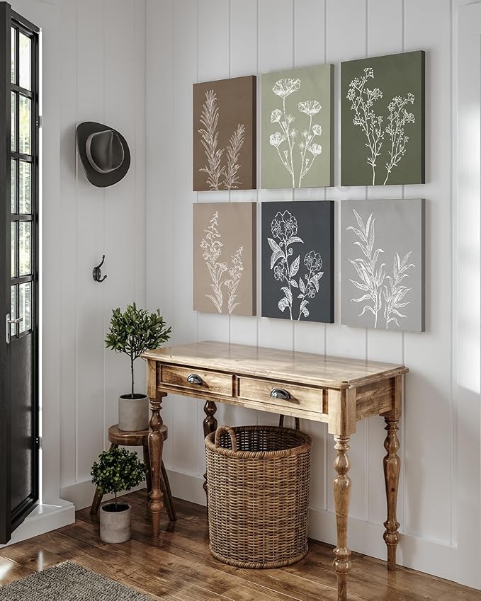 Drsoum Vintage Botanical Wall Art Framed Boho Wall Art Decor Wooded Minimalist Print Modern Rustic Farmhouse Home Kitchen Decor 12x16inx6pcs