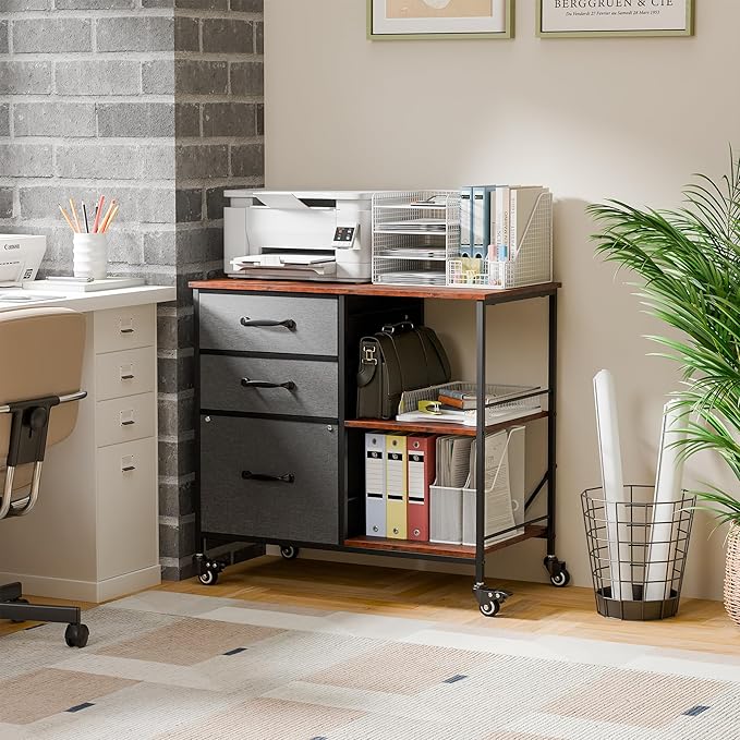 ZENY Lateral File Cabinet with 3 Drawers, Mobile File Cabinet Printer Stand, Rolling Fabric Lateral Filing Cabinet for Office Home Small Space (Grey)